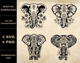 Floral Elephant SVG Bundle, PNG, Elephant Clipart, Hand Drawn Mandala Elephants Flowers Vector Illustration, SVG Files For Laser Engraving