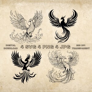 Phoenix SVG Bundle, PNG, Phoenix Clipart, Illustration vectorielle de Phoenix dessinés à la main, fichiers SVG pour la gravure au laser