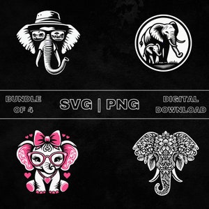 Puede incluir: Un paquete de descarga digital de cuatro archivos SVG y PNG con ilustraciones de elefantes. Las ilustraciones incluyen un elefante con sombrero y gafas de sol, un elefante con un bebé elefante, un elefante lindo con un lazo rosa y gafas, y un elefante con un diseño floral.