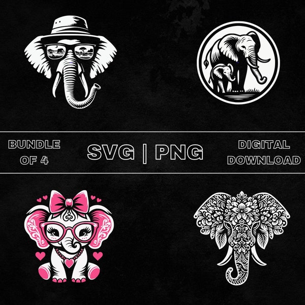 Cute Elephant SVG Bundle, Elephant Clipart, Hand Drawn Safari Animal Theme Vector Illustration, PNG Files For Laser Engraving & Craft