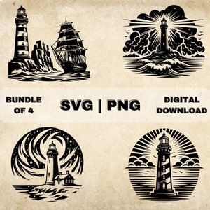 May include: A set of four black and white vector illustrations featuring lighthouses and a ship. The illustrations are in a vintage style and would be perfect for use in a nautical themed design project.