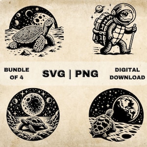 May include: A set of four black and white illustrations featuring a turtle in space. The turtle is depicted walking on the moon, wearing a space suit, and swimming in space. The illustrations are perfect for use as digital downloads.
