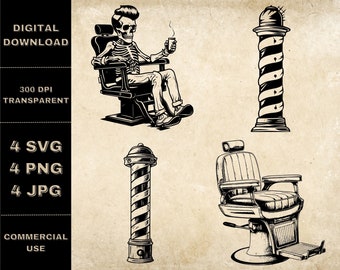 Barber SVG Bundle, PNG, Hairdresser Clipart, Hand Drawn Barber Pole And Funny Skeleton Vector Illustration, SVG Files For Laser Engraving