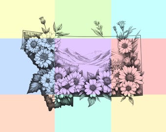 Esquema del estado de Montana con flores Archivo PNG de sublimación para dibujo de camisetas y tazas, descarga digital