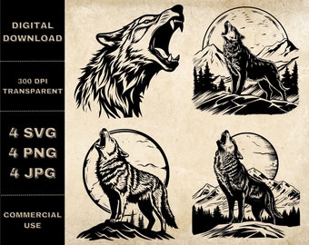 Howling Wolf SVG Bundle, PNG, Mountain Wolf Clipart, Hand Drawn Wolves Vector Illustration, SVG Files For Laser Engraving