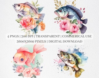 Bass Fish Clipart, Watercolor Fish PNG Files, Fishing Clip Art, Nursery Decor, Printable Wall Art, Sublimation Commercial Use
