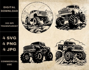 Monster Truck SVG Bundle, PNG, Monster Truck Clipart, Hand Drawn Off Road Vector Illustration, SVG Files For Laser Engraving