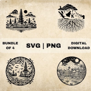 Puede incluir: Un conjunto de cuatro ilustraciones en blanco y negro que representan arquitectura tradicional balinesa, incluyendo un templo, una montaña y una isla estilizada con raíces. Las ilustraciones están en un marco circular con un borde decorativo. El texto "SVG | PNG" y "DESCARGA DIGITAL" está incluido en la imagen.