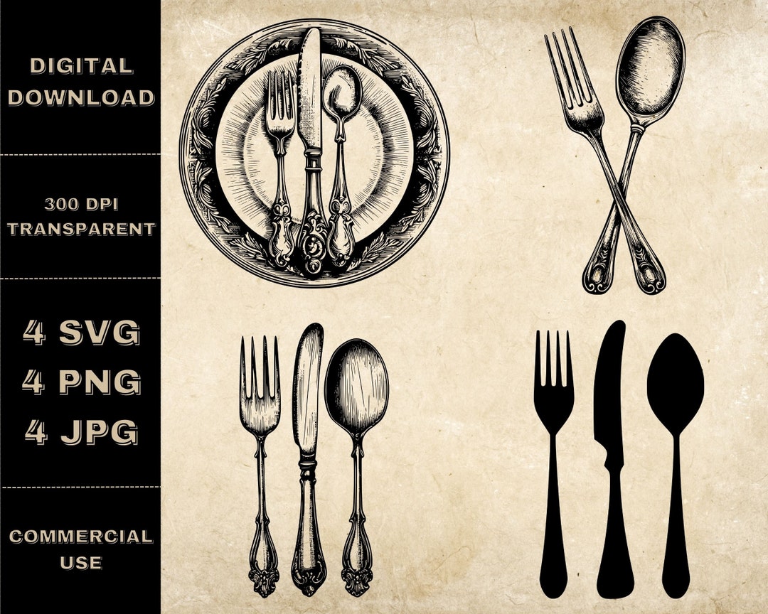 Fork and Spoon SVG Bundle, PNG, Fork and Spoon Clipart, Hand Drawn