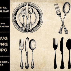 May include: A set of four black and white illustrations of silverware, including a fork, knife, and spoon. The silverware is shown in both a realistic and a silhouette style.