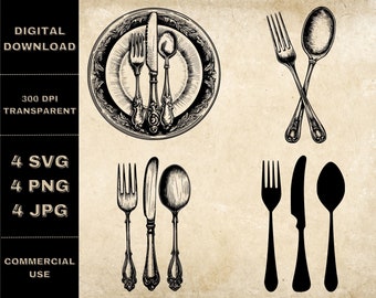 Fork And Spoon SVG Bundle, PNG, Fork And Spoon Clipart, Hand Drawn Knife And Plate Vector Illustration, SVG Files For Laser Engraving