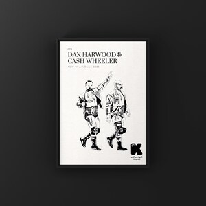 May include: Black and white line art illustration of two wrestlers, Dax Harwood and Cash Wheeler, from the wrestling group FTR. The wrestlers are wearing wrestling gear and are posing with their arms raised in victory. The text "FTR Dax Harwood & Cash Wheeler AEW WrestleDream 2023" is at the top of the image. The text "artwork by K. Graphics" is at the bottom of the image.