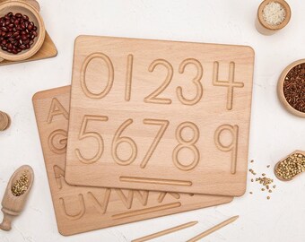 Lavagna per tracciare numeri/alfabeti Montessori/Waldorf in legno su entrambi i lati - Lettere stampate di grandi dimensioni per bambini fino alla scuola materna