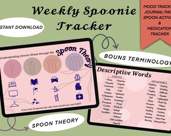 May include: A digital printable planner for tracking mood, spoon energy levels, and medication. The planner features a pink background with a spoon theory graphic and a list of descriptive words for positive and unfavorable feelings.