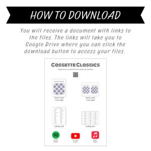 Op de afbeelding: Een wit document met de tekst "HOW TO DOWNLOAD" bovenaan. Het document bevat instructies over het downloaden van bestanden, samen met afbeeldingen van speelkaarten en belkaarten. Er zijn ook pictogrammen voor Spotify, YouTube en Apple Music.