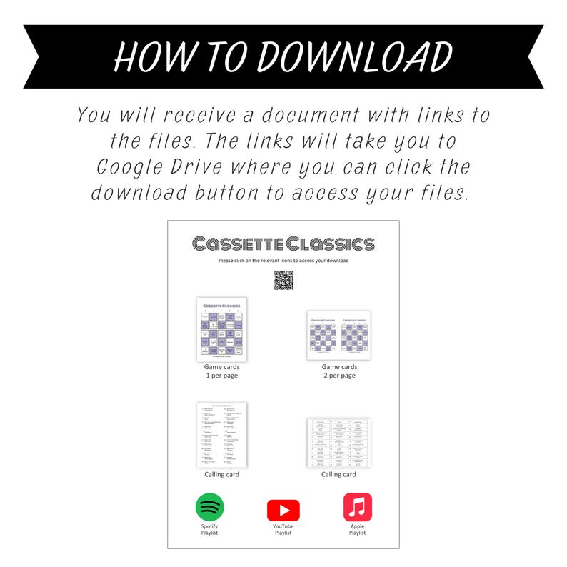 Op de afbeelding: Een wit document met de tekst "HOW TO DOWNLOAD" bovenaan. Het document bevat instructies over het downloaden van bestanden, samen met afbeeldingen van speelkaarten en belkaarten. Er zijn ook pictogrammen voor Spotify, YouTube en Apple Music.