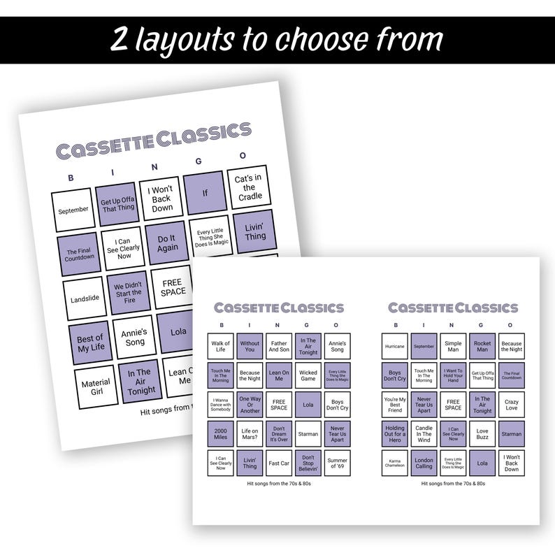 Op de afbeelding: Twee witte bingokaarten met de tekst "CASSETTE CLASSICS" in paars. De kaarten hebben bingoroosters met songtitels uit de jaren 70 en 80. De bovenkant van de afbeelding luidt "2 layouts to choose from".