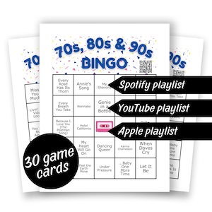 Bingo musicale anni '70, '80 e '90, gioco per feste in famiglia (30 carte da gioco)