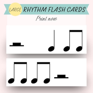 Può includere: Flash card bianche con note musicali nere e il testo "LARGE RHYTHM FLASH CARDS" e "Print now". Le carte mostrano simboli di note musicali, tra cui crome, semiminime e minime.