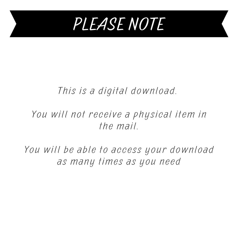 K&ouml;nnte beinhalten: Text auf wei&szlig;em Hintergrund mit einem schwarzen Banner oben, auf dem "PLEASE NOTE" steht. Der Text unter dem Banner lautet: "Dies ist ein digitaler Download. Sie erhalten keinen physischen Artikel per Post. Sie k&ouml;nnen Ihren Download so oft herunterladen, wie Sie ben&ouml;tigen."