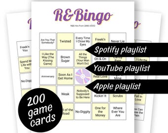 R&B Music Bingo (1990-2000) 200 cards, Family Game Night, Spotify, Apple and YouTube Playlist