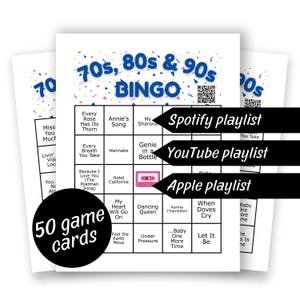 Bingo musical dos anos 70, 80 e 90, jogo de festa para a família (50 cartas de jogo)