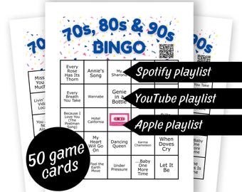 Bingo musical de los 70, 80 y 90, juego de fiesta familiar (50 cartones)