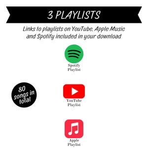 Op de afbeelding: Afbeelding met de tekst "3 PLAYLISTS" en de tekst "Links naar afspeellijsten op YouTube, Apple Music en Spotify inbegrepen in je download." Bevat Spotify-, YouTube- en Apple Music-logo's. Een zwarte cirkel leest "80 nummers in totaal."