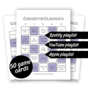 Bingo musical des années 70 et 80 - 50 cartes (cassettes classiques), tubes musicaux des années 70 et 80, soirée jeux en famille, liste de lecture Spotify, Apple et Youtube
