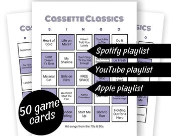 Bingo musical de los 70 y 80: 50 cartones (clásicos de casete), éxitos musicales de los 70 y 80, noche de juegos en familia, lista de reproducción de Spotify, Apple y YouTube