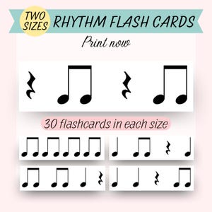 Op de afbeelding: Zwart-witte ritme-flitskaarten met muzieknoten en rusten. De tekst "TWO SIZES" en "RHYTHM FLASH CARDS" staat bovenaan de afbeelding. De tekst "Print now" staat onder de titel. De tekst "30 flashcards in each size" staat in het midden van de afbeelding.