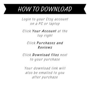 Op de afbeelding: Witte afbeelding met zwarte tekst met "HOW TO DOWNLOAD" bovenaan. Instructies voor het downloaden van Etsy-bestanden na aankoop, inclusief inloggen en accountopties, zijn ook opgenomen.