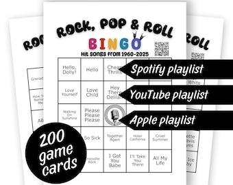 1960-2025 Music Bingo (200 Karten), ein Partyspiel, perfekt für mehrere Generationen