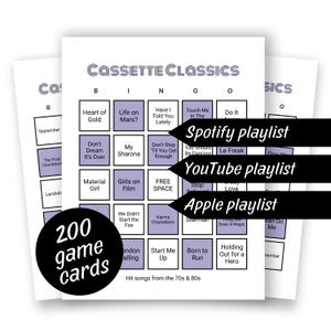 Bingo musical dos anos 70 e 80 - 200 cartelas (clássicos em cassete), sucessos musicais dos anos 70 e 80, noite de jogos em família, playlist do Spotify, Apple e YouTube