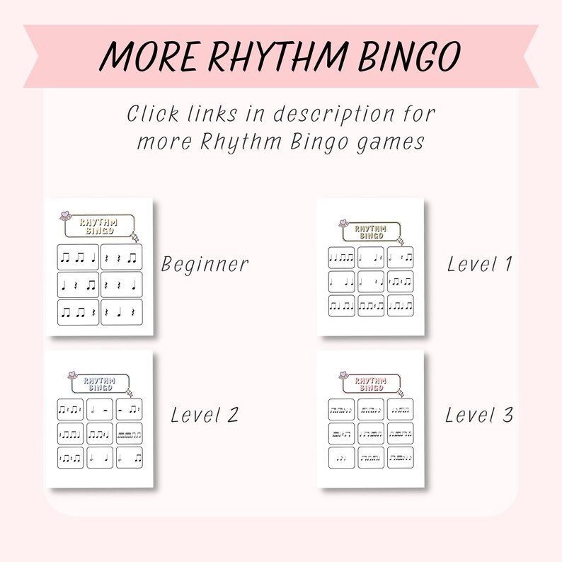 K&ouml;nnte beinhalten: Vier druckbare Rhythmus-Bingo-Karten mit unterschiedlichen Schwierigkeitsgraden. Die Karten sind mit "Anf&auml;nger", "Level 1", "Level 2" und "Level 3" beschriftet. Jede Karte tr&auml;gt den Titel "Rhythm Bingo".