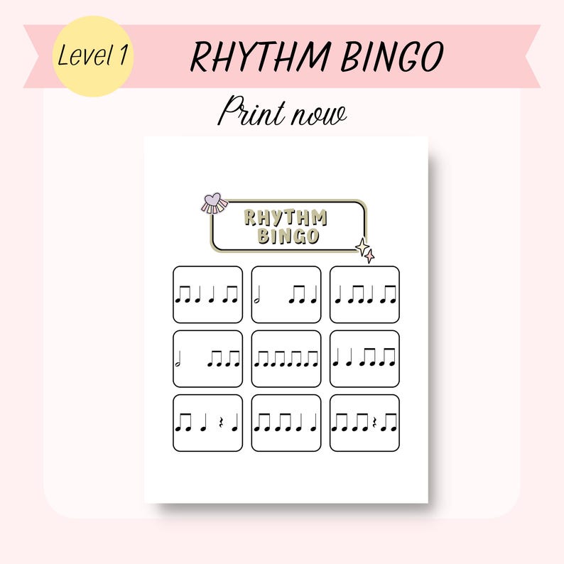 K&ouml;nnte beinhalten: Eine druckbare Rhythmus-Bingo-Karte mit dem Titel "Rhythm Bingo" und den Worten "Print now" darunter. Die Karte hat ein 3x3-Raster mit verschiedenen musikalischen Rhythmen in jedem Feld.