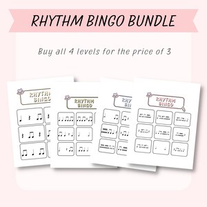 K&ouml;nnte beinhalten: Vier druckbare Rhythmus-Bingo-Karten mit Noten und dem Text "Rhythm Bingo" auf jeder Karte. Die Karten sind f&uuml;r den Musikunterricht konzipiert.