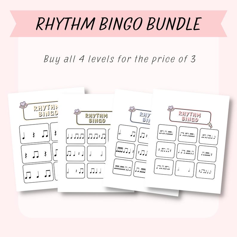 K&ouml;nnte beinhalten: Vier druckbare Rhythmus-Bingo-Karten mit Noten und dem Text "Rhythm Bingo" auf jeder Karte. Die Karten sind f&uuml;r den Musikunterricht konzipiert.