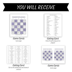 Op de afbeelding: Een witte spelset met de tekst "YOU WILL RECEIVE" bovenaan. De set bevat bingokaarten en belkaarten met songtitels uit de jaren 70 en 80. De speelkaarten zijn paars en wit.