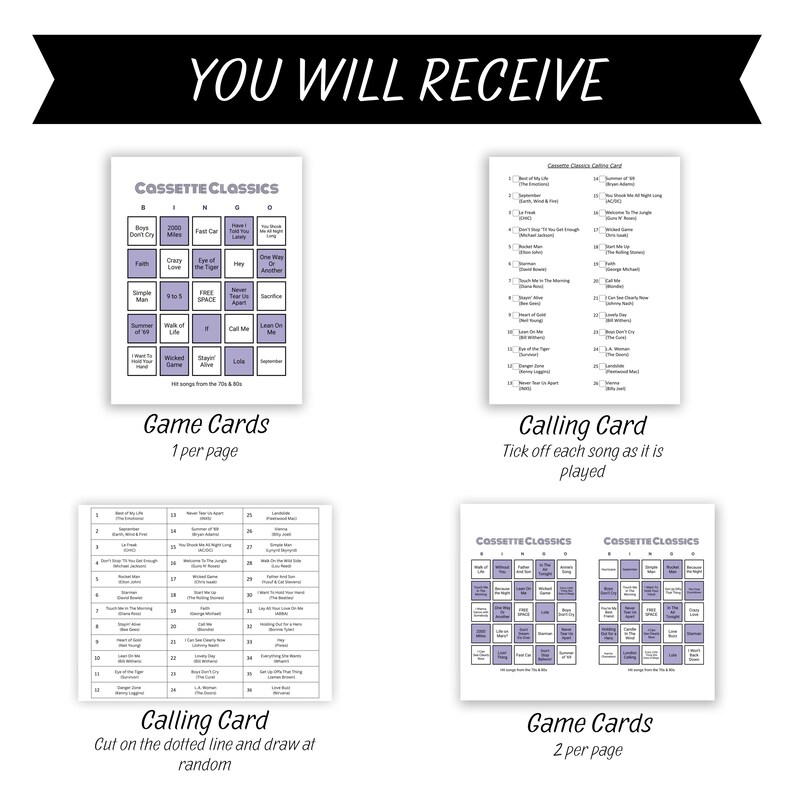 Op de afbeelding: Een witte spelset met de tekst "YOU WILL RECEIVE" bovenaan. De set bevat bingokaarten en belkaarten met songtitels uit de jaren 70 en 80. De speelkaarten zijn paars en wit.