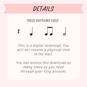 K&ouml;nnte beinhalten: Eine wei&szlig;e Karte mit rosa Text, der "DETAILS" und "THESE RHYTHMS USED" lautet. Die Karte zeigt vier musikalische Rhythmen, darunter eine Viertelnote, eine Halbe Note, eine Viertelnote gefolgt von einer Achtelnote und eine Achtelnote.