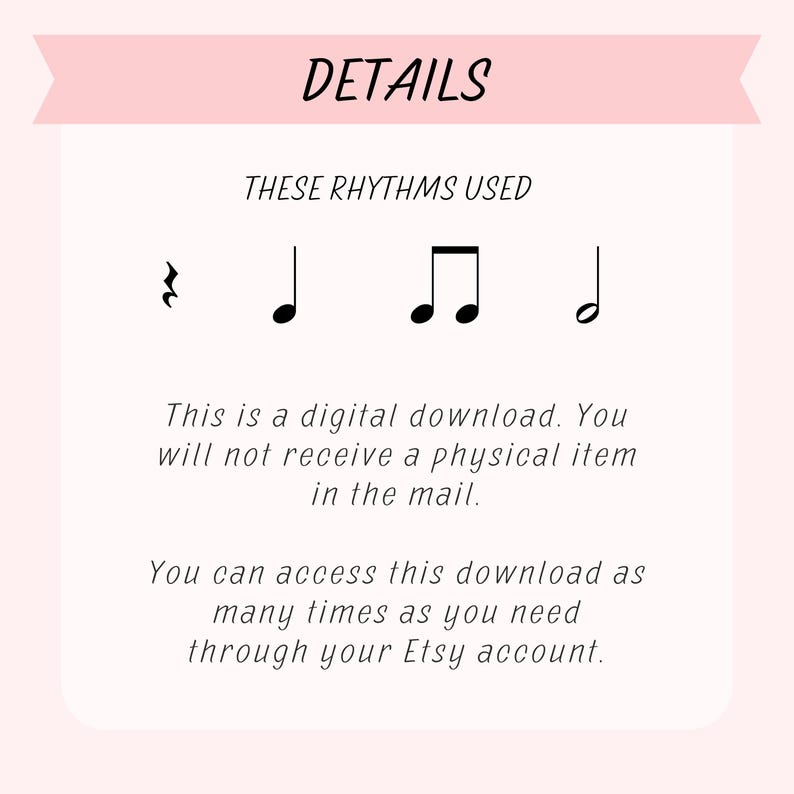 K&ouml;nnte beinhalten: Eine wei&szlig;e Karte mit rosa Text, der "DETAILS" und "THESE RHYTHMS USED" lautet. Die Karte zeigt vier musikalische Rhythmen, darunter eine Viertelnote, eine Halbe Note, eine Viertelnote gefolgt von einer Achtelnote und eine Achtelnote.