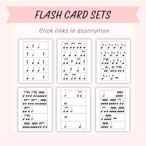 K&ouml;nnte beinhalten: Sechs schwarz-wei&szlig;e Karteikarten mit Noten und Rhythmen. Die Karten sind mit "FLASH CARD SETS" und "Klicke auf die Links in der Beschreibung" beschriftet.