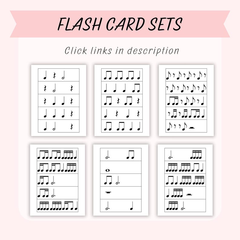 K&ouml;nnte beinhalten: Sechs schwarz-wei&szlig;e Karteikarten mit Noten und Rhythmen. Die Karten sind mit "FLASH CARD SETS" und "Klicke auf die Links in der Beschreibung" beschriftet.