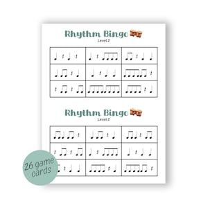 May include: A white sheet of paper with the text "Rhythm Bingo Level 2" and musical notes. The image includes 26 game cards. The game cards have musical notes in a grid format. There are also illustrations of drums.