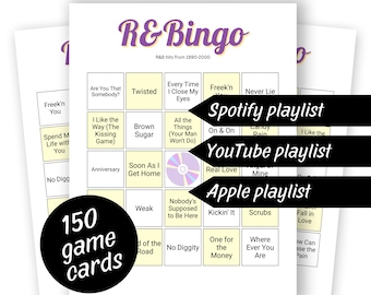 R&B Music Bingo (1990-2000) 150 cards, Family Game Night, Spotify, Apple and YouTube Playlist