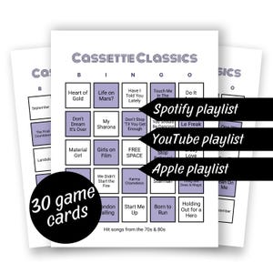Bingo musical des années 70 et 80 - 30 cartes (cassettes classiques), tubes musicaux des années 70 et 80, soirée jeux en famille, liste de lecture Spotify, Apple et Youtube
