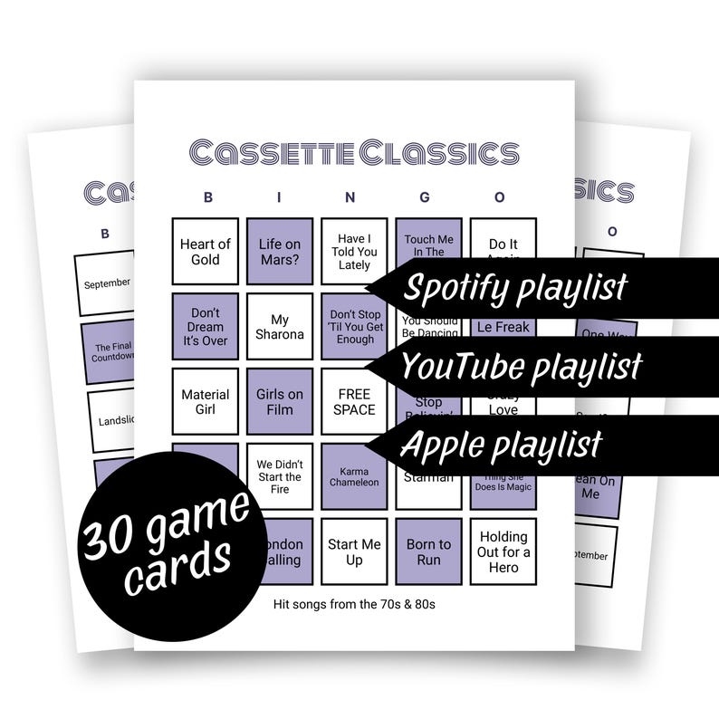 Op de afbeelding: Cassette Classics Bingo-spelkaarten met songtitels uit de jaren 70 en 80. De kaarten hebben een zwarte cirkel met de tekst "30 spelkaarten". Inclusief Spotify-, YouTube- en Apple-afspeellijstopties.