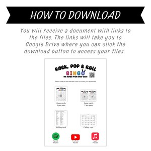 K&ouml;nnte beinhalten: Eine druckbare Rock, Pop & Roll Bingo-Spielkarte mit einem bunten Titel und Anweisungen, um auf die entsprechenden Symbole zu klicken, um den Download zu starten. Die Spielkarte enth&auml;lt eine Liste von Hits aus den Jahren 1960-2025, Spielkarten und eine Ansagekarte. Das Bild zeigt auch Symbole f&uuml;r Spotify-, YouTube- und Apple Music-Playlists.