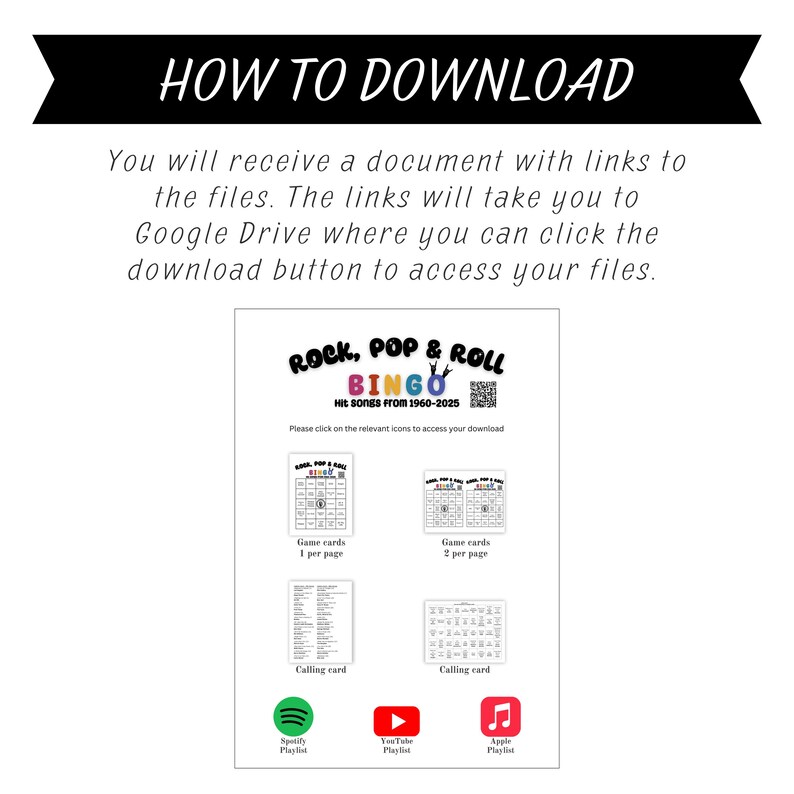 K&ouml;nnte beinhalten: Eine druckbare Rock, Pop & Roll Bingo-Spielkarte mit einem bunten Titel und Anweisungen, um auf die entsprechenden Symbole zu klicken, um den Download zu starten. Die Spielkarte enth&auml;lt eine Liste von Hits aus den Jahren 1960-2025, Spielkarten und eine Ansagekarte. Das Bild zeigt auch Symbole f&uuml;r Spotify-, YouTube- und Apple Music-Playlists.